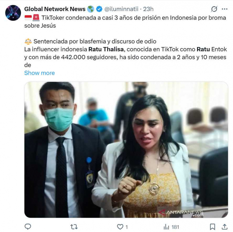 印尼網紅直播時要耶穌去剪頭髮，因涉嫌「褻瀆宗教」被判刑2年10個月。（圖／翻攝自X）