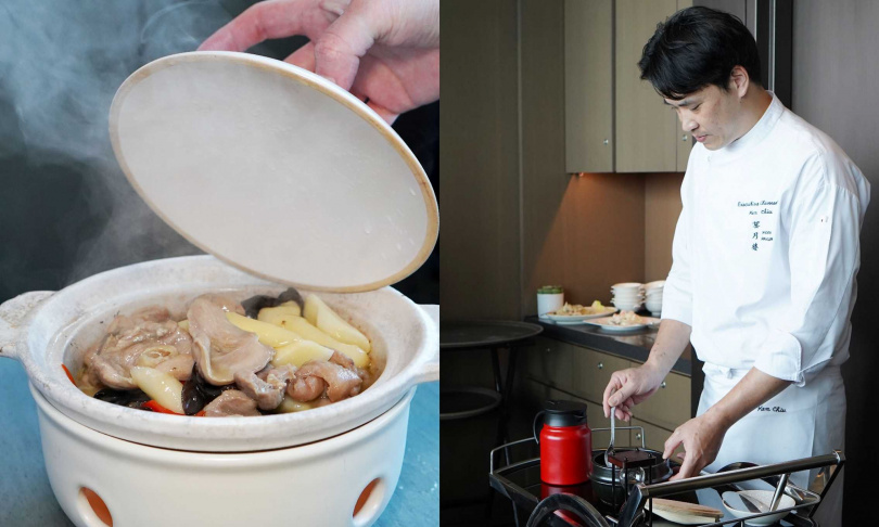 主廚邱龍俊於桌邊服務「手工現沖豆花」(右),將來自「禾乃川國產豆製所」的無糖熱豆漿注入樹薯豆花粉中,左為「坪林茶油子薑雞煲」。(皆各680元,圖/魏妤靜攝)