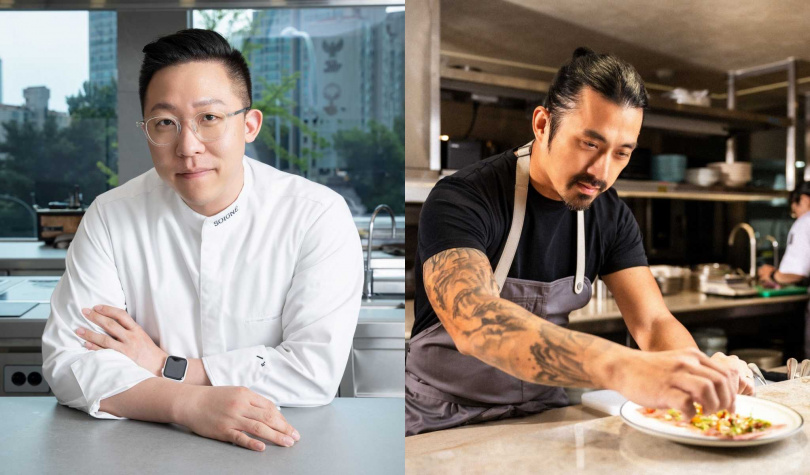 首爾米其林二星餐廳SOIGNÉ主廚李駿（左）將於6/30與台北Afterglo餐酒館主廚林明健進行料理對決。（圖／Afterglo提供）