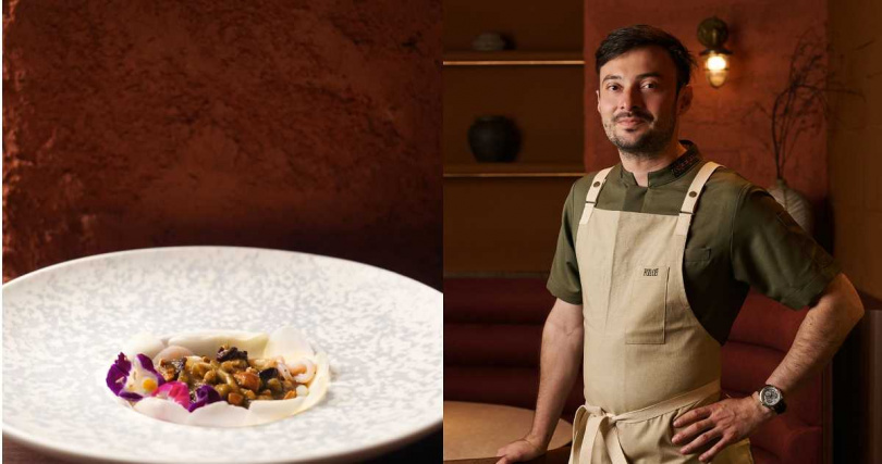 主廚Leo（右）喜歡運用香料、檸檬等元素再創造屬於自己的味道，風味渾厚的「中卷、腰果碎、燈籠果醬、椰奶凝乳」即是變化菜色。（圖／魏妤靜攝）