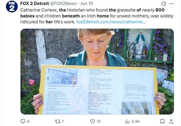 歷史學者凱瑟琳柯莉絲多年自費調查，揭露796名嬰幼兒遭集體掩埋的真相。（圖／翻攝自X）
