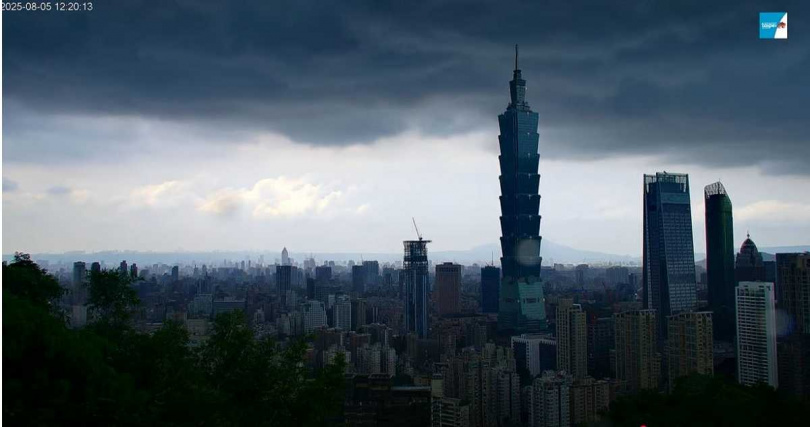 台北信義商圈被中午起被大片烏雲壟罩,沒過多久便下起雨。(圖/翻攝自YouTube/象山看台北-4K即時影像)