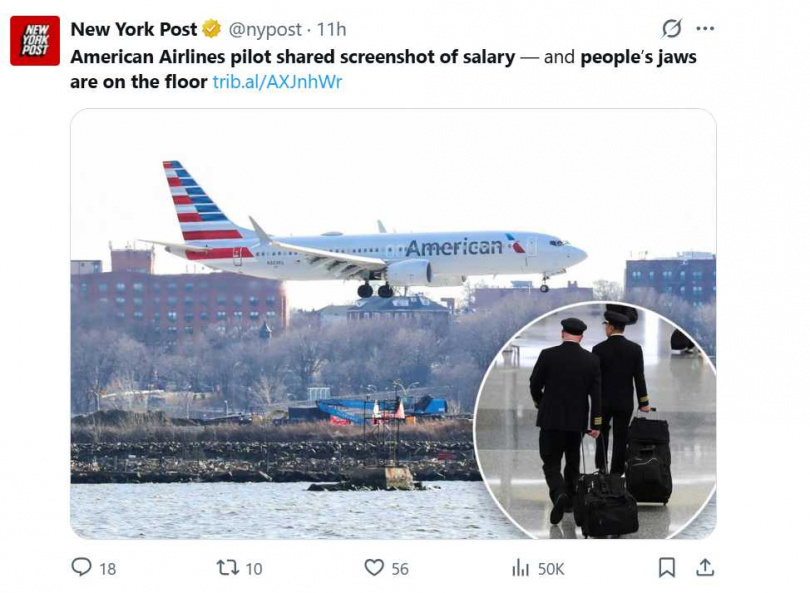 機師高薪背後壓力也大，網友反應兩極，有人羨慕、有人直呼不敢當。（圖／翻攝自X，@nypost）