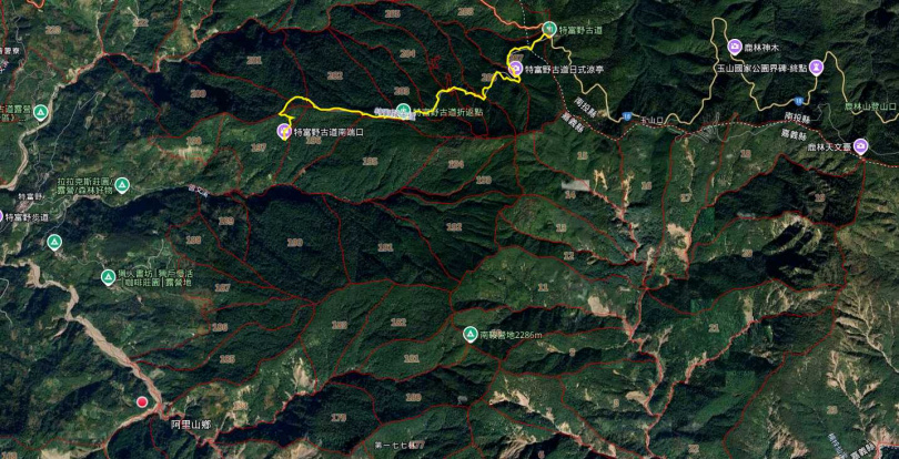 左下角紅點為本次發現黑熊入侵工寮地點。(圖/林業及自然保育署嘉義分署)