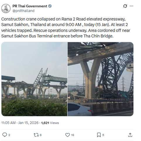 肇事單位ITD再陷工安風暴，屢傳致命意外引發輿論質疑。（圖／翻攝自X，@prdthailand）