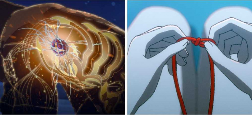 《世外》片中描述積怨過深內在會萌發「鬼之芽」（左圖），而紅色繩結象徵亡者生前若有遺憾怨恨，會成為解不開的心結。（圖／甲上提供）