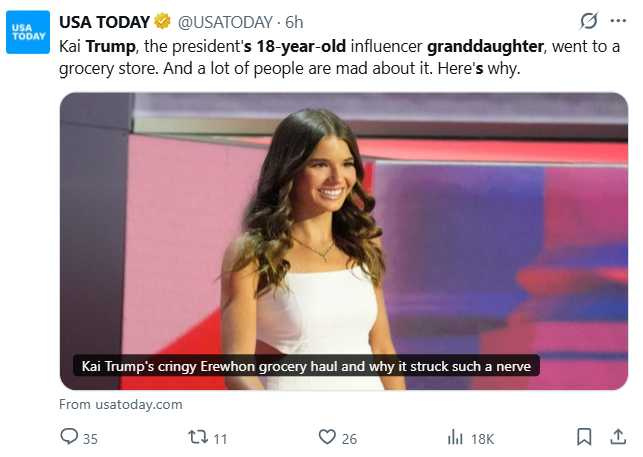 凱伊在影片中展示於Erewhon購買的飲品與補充品，多項商品價格偏高。（翻攝自X，@USATODAY）