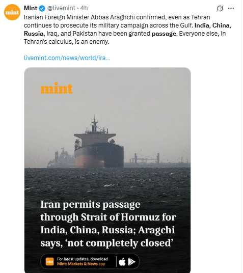 伊朗表示僅允許部分「友好國家」船隻通行，引發地緣政治關注。（圖／翻攝自X，@livemint）