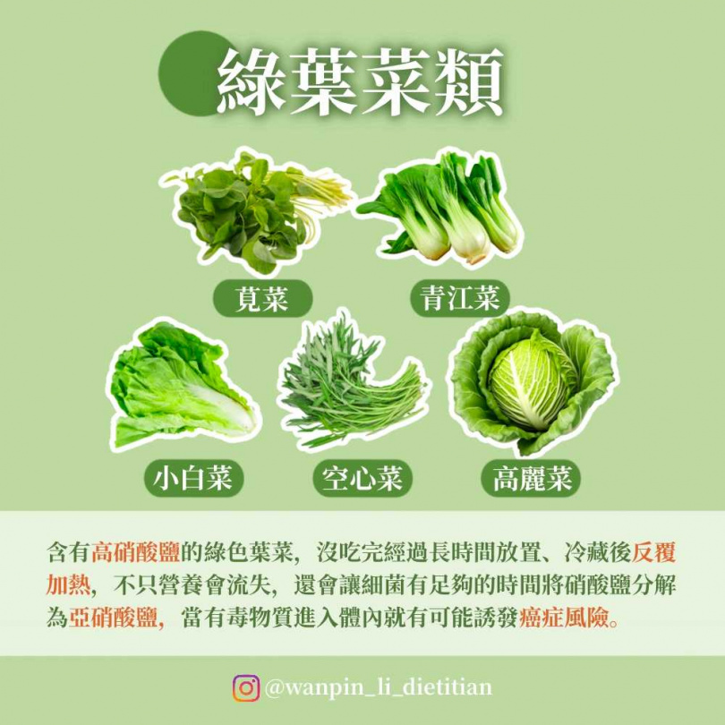 李婉萍提醒綠葉菜放置後會生出細菌，引發癌症風險。