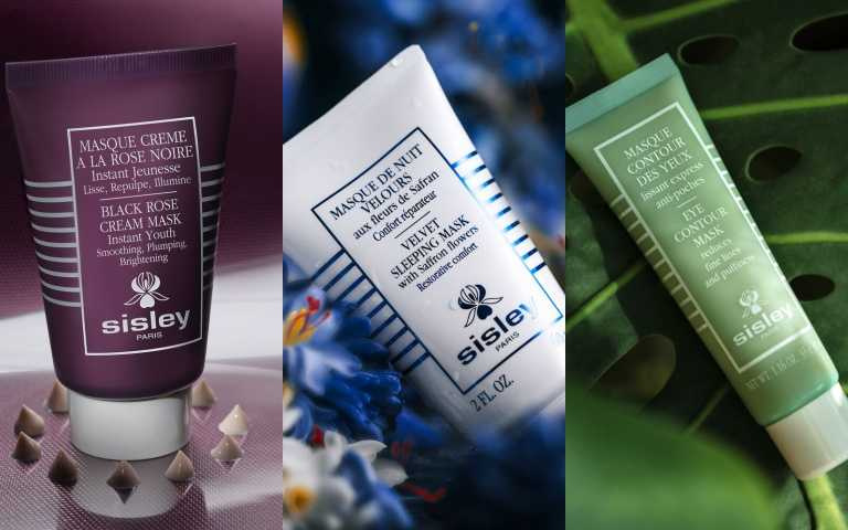 法國面膜前6名的面膜有4名都是sisley，左起：第一名的面膜就是sisley黑玫瑰頂級乳霜抗老面膜60ml/5300元；第四名是sisley藏紅花絲絨修護晚安面膜60ml/4300元; 第五名是sisley瞬間緊緻眼膜30ml/4500元（圖／品牌提供）。