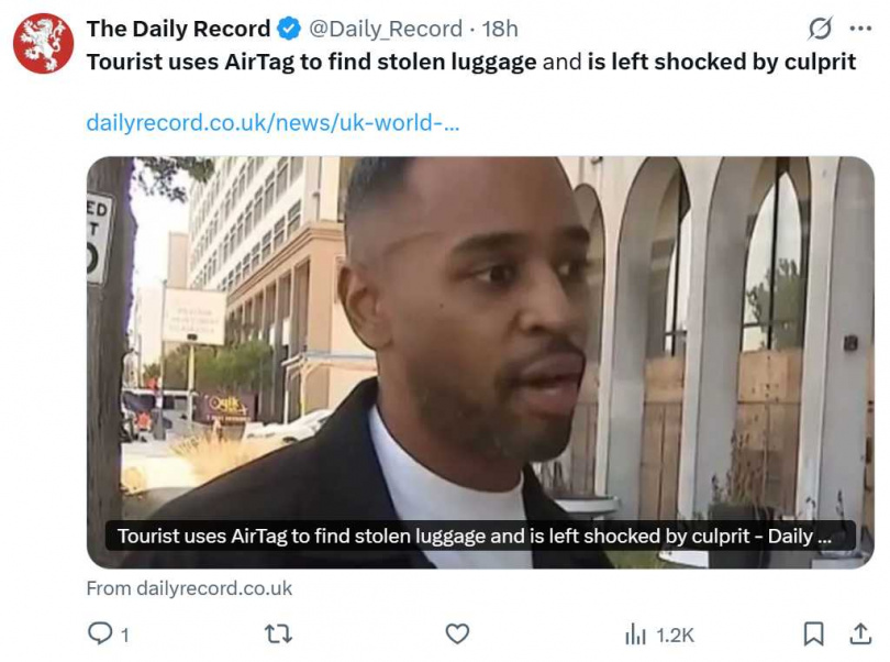 丹尼爾在洛杉磯國際機場行李遺失，隨後靠AirTag定位展開追蹤。（圖／翻攝自Ｘ，@Daily_Record ）