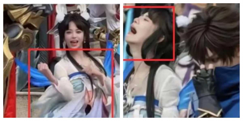 表演過程中出現伸舌、肢體互動等舉動,遭玩家批評破壞角色形象。(圖/翻攝自微博)