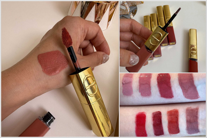 Dior 迪奧金緻雙頭唇釉 限量系列 6ml+5ml，共8色/1,750元（圖／黃筱婷攝）另外同步推出《迪奧藍星唇膏》華麗換上限量金燦外殼閃耀登場，將璀璨Dior幸運星圖騰巧妙刻印於唇膏蕊心，這次搭配金緻外殼與經典CD Logo，增添時髦氣場。