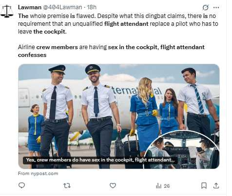 空服員與機師在機上值勤時密切互動，可能暗藏「親密行動」。（圖／翻攝自X）