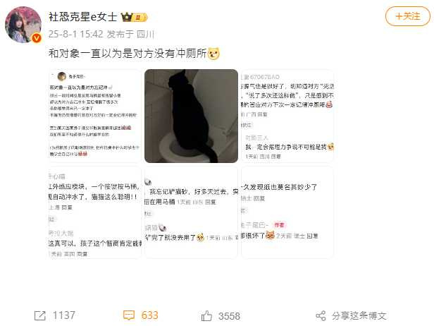 貓咪學會使用馬桶卻不會沖水，引發飼主情侶間長期誤會。許多網友表示「社恐人士救星」就是牠。（圖／翻攝自微博）