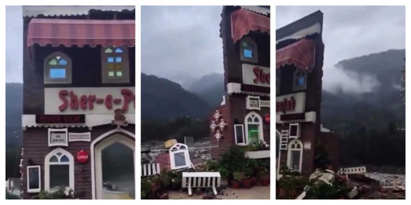 馬納利知名餐館 Sher-e-Punjab 遭比阿斯河暴漲洪水沖毀,僅剩入口大門與前牆仍站立。(圖/翻攝自X,@GoHimachal_)