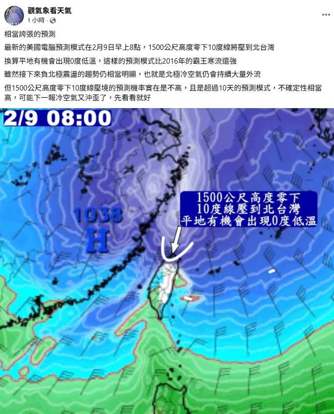美國預測模式顯示，2月9日清晨可能有強烈冷空氣壓境北台灣，平地恐探0℃。（圖／翻攝自臉書，觀氣象看天氣粉專）