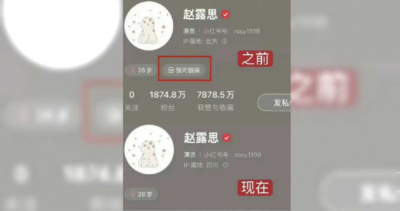 近期有網友發現,趙露思小紅書上的個人檔案已移除經紀公司「銀河酷娛」的標籤。(圖/擷取自搜狐娛樂微博)