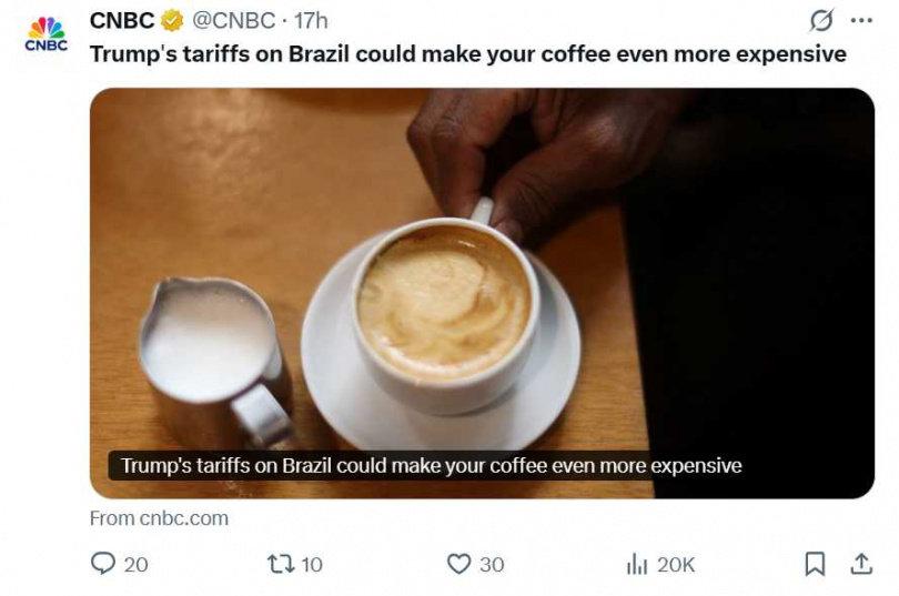 川普關稅將重創咖啡與柳橙汁市場，星巴克、Smucker 等品牌首當其衝。（圖／翻攝自X）
