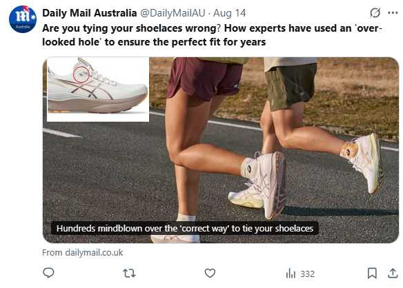 透過將鞋帶穿過第二孔形成環狀,再交叉穿入,即可達到更穩固的包覆效果。(圖/翻攝自X,@DailyMailAU)
