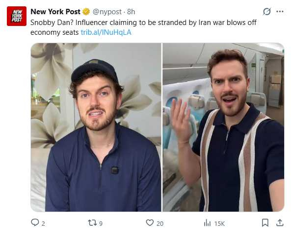 高茲拍片談航班混亂問題，但提到仍有經濟艙座位，引發爭議。（圖／翻攝自IG，@nypost）