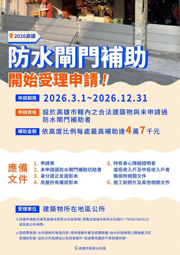 高雄市115年度防水閘門補助，即日起開放申請至12月31日止。（圖片提供／高雄市政府水利局）