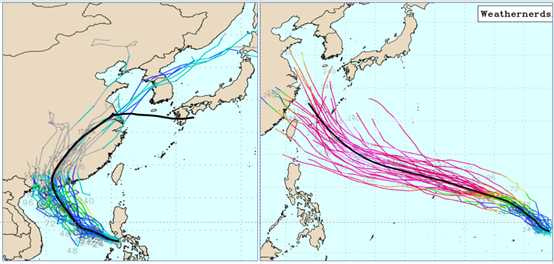 最新(30日20時)美國系集模式(GEFS)模擬圖顯示，關島東方(右圖)及南海一帶(左圖)，各有「熱帶擾動」發展的跡象。（圖／取自洩天機教室，weathernerds）