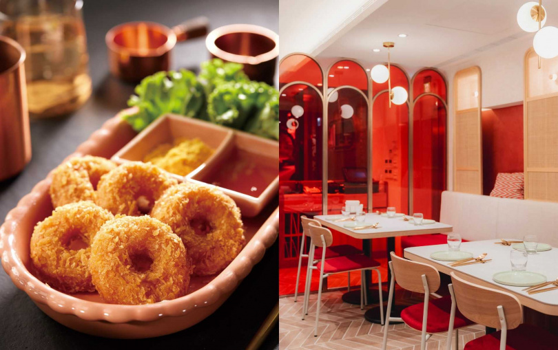 「蝦滋圈」（左）可搭配梅子醬或灑上鹹蛋黃粉、辣粉享用，右為瓦城2024年夏天推出的概念店「兩廳院店」，以紅、白配色呈現時髦現代的度假氛圍。（圖／瓦城泰統集團提供）