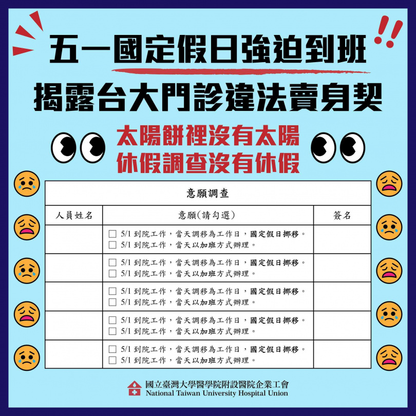 工會表示院方發出的意願調查表，只有提供「5/1到院工作」的選項。（圖／台大醫院工會提供）