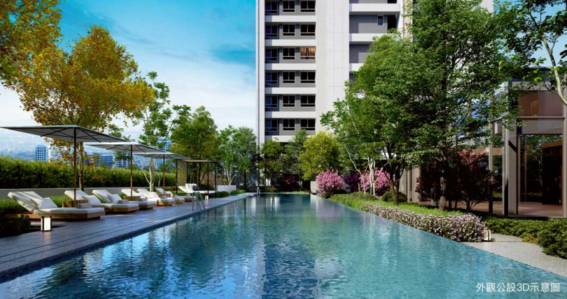 一樓露天泳池位於大廳後方，特別設計綠樹與植栽環繞，讓住戶更具隱私性地戲水暢遊（圖／業者提供）。