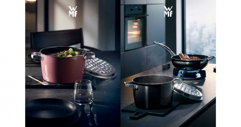 天然礦物與陶鋼高溫熔燒製成的 WMF Fusiontec Aromatic，無塗層抗刮磨鑽晶鍋面，結合三層鋼鋁氣密鍋蓋的智慧凝滴科技，特別適合濃郁原味的無水料理。（圖／恆隆行提供）