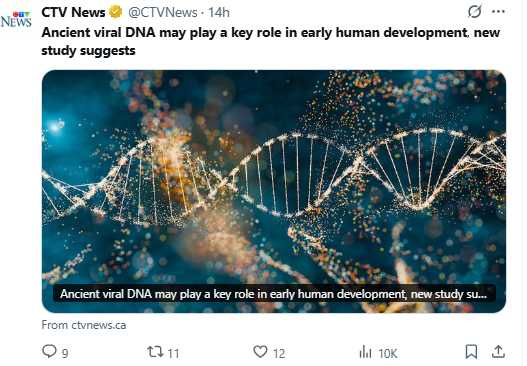 新研究發現，部分古老病毒 DNA 能啟動幹細胞基因表達，影響人類演化進程。（圖／翻攝自X）