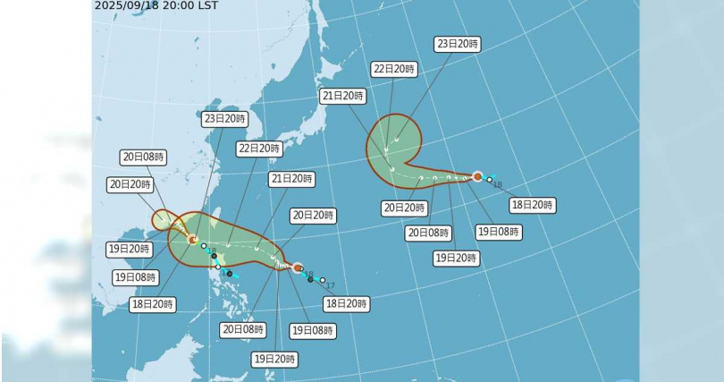 颱風路徑潛勢預報圖，由左至右依序為颱風「米塔」、颱風「樺加沙」、颱風「浣熊」。（圖／氣象署提供）