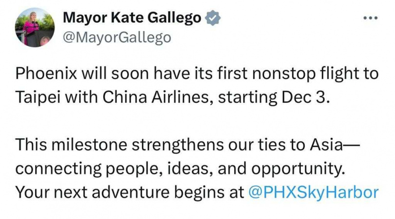 鳳凰城市市長Kate Gallego今日宣布,鳳凰城將自12月3日起開通由中華航空營運的首條台北直飛航班。(圖/翻攝網路)