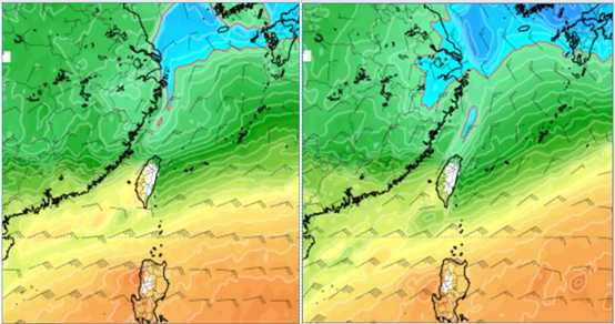 吳德榮指出,最新歐洲模式(ECMWF)模擬週三(19日)20時850百帕溫度圖(左圖),與前三天(12日20時)模式對週三清晨2時的模擬圖(右圖)對比顯示,南下台灣的冷空氣調慢又調弱。(圖/翻攝自氣象應用推廣基金會)