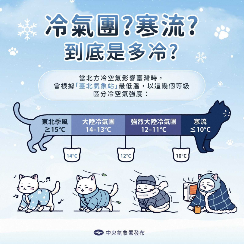 中央氣象署以貓貓圖卡解釋冷空氣分級,冷到發抖為強烈大陸冷氣團,氣溫低於10度的貓貓則封印被窩裡。(圖/中央氣象署)
