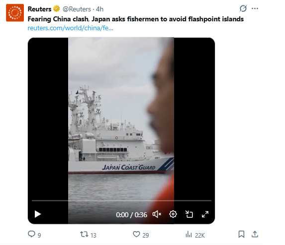 中日關係因台海議題惡化，釣魚台成東海敏感火藥庫。（圖／翻攝自X，@Reuters）