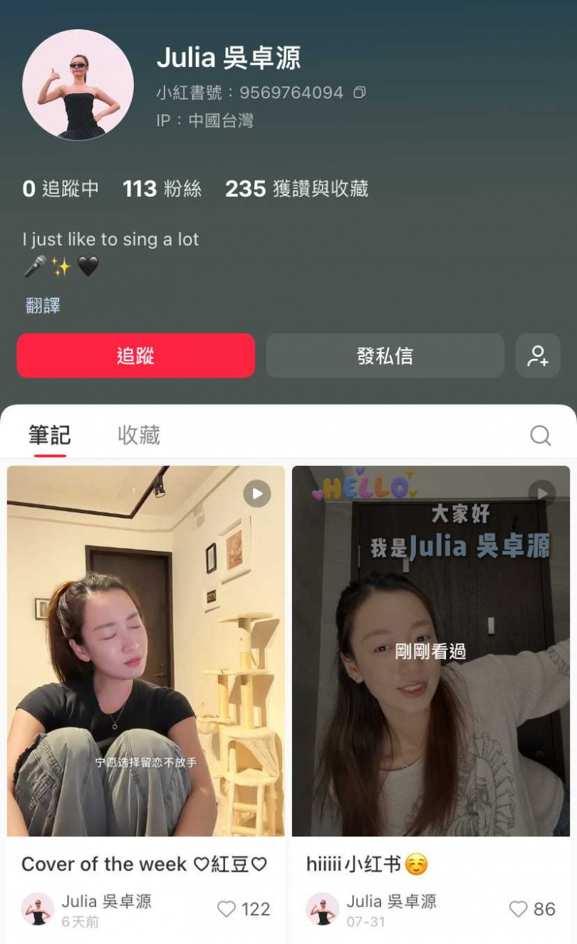 上月底加入小紅書後目前反應平平,吳卓源入駐約半個月僅113人關注。(圖/翻攝自小紅書)