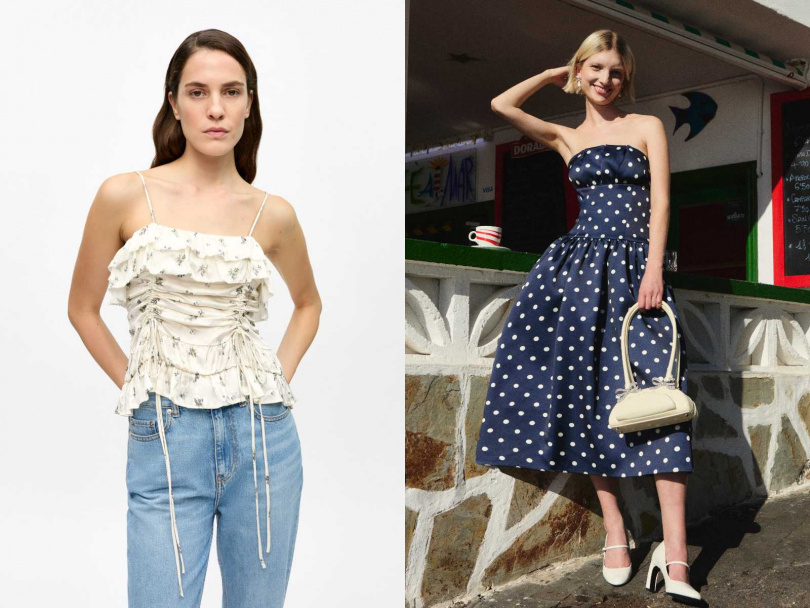 左：GANNI 印花綢緞吊帶上衣-白鷺／9,800元，右：self-portrait 藍色圓點洋裝／13,800元（圖／品牌提供）