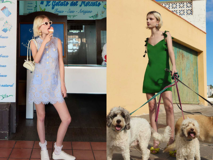 左：self-portrait 亮綠色短洋裝／16,800元；右：self-portrait 蕾絲無袖洋裝／18,800元（圖／品牌提供）