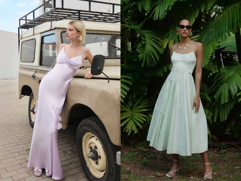 左：self-portrait Lilac 緞面花朵造型長洋裝／18,800元，右：self-portrait 綠色棉質小花造型長洋裝／18,800元（圖／品牌提供）