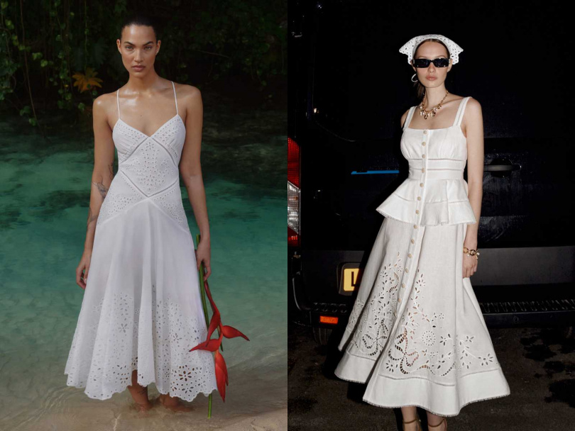 左：self-portrait細肩帶白色洋裝／22,800元；右：self-portrait 雕花米色長裙／22,800元（圖／品牌提供）&nbsp;