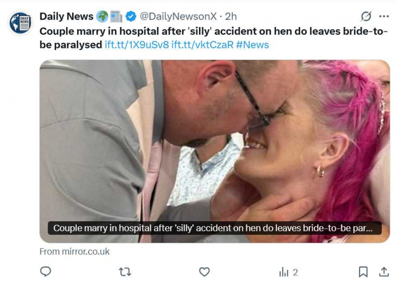 新娘卡拉單身派對意外癱瘓，未婚夫克雷格陪伴到底，兩人在醫院禮拜堂舉行婚禮，感動全場。（圖／翻攝自X）