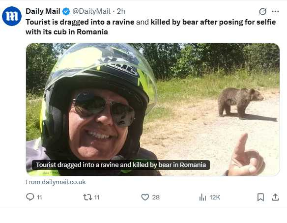 49歲義大利男遊客奧瑪與熊寶寶自拍後，竟遭母熊攻擊拖入山谷慘死。（圖／翻攝自臉書）