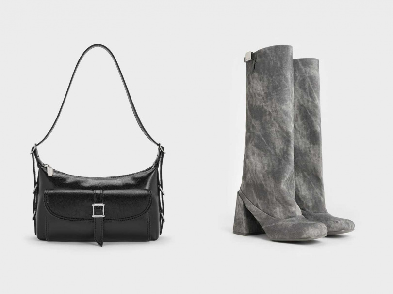 Bryna 皮帶釦肩背包(黑銀)/2,390元,Robbie 丹寧方釦直筒靴 -深灰色/3,390元(圖/品牌提供)