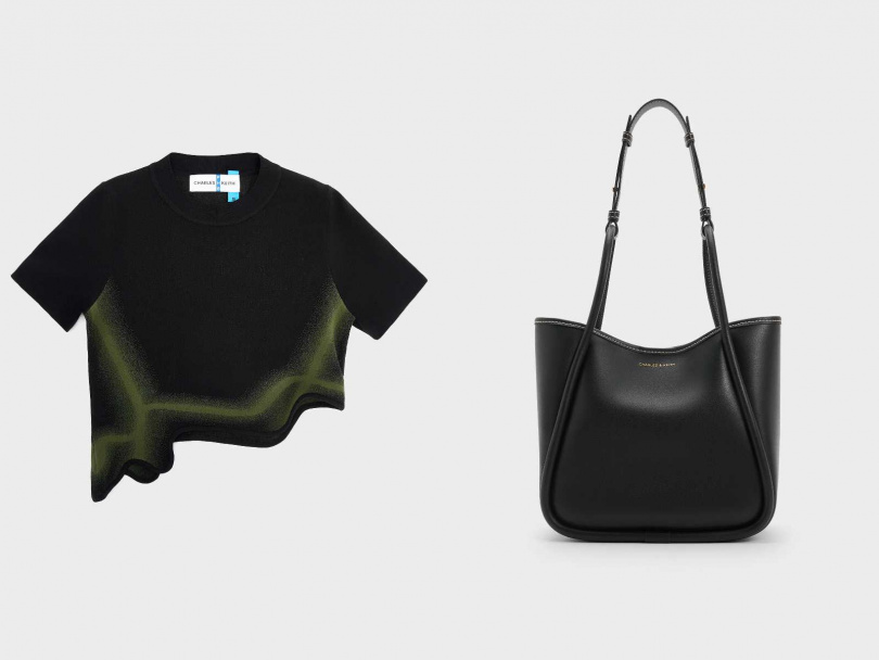 CHARLES & KEITH x PH5針織波浪邊上衣-綠色(官網獨家)/3,390元,Lyla中型托特包(黑色)/2,590元(圖/品牌提供)