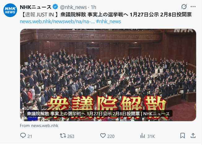 從國會解散到投開票僅16天,創下戰後最短選舉期紀錄。(圖/翻攝自X,@nhk_news)