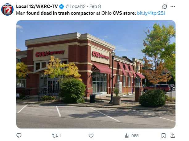 垃圾壓縮機設置於藥局建物後方，警方不排除任何可能性，調查仍在進行中。（圖／翻攝自X，@Local12）