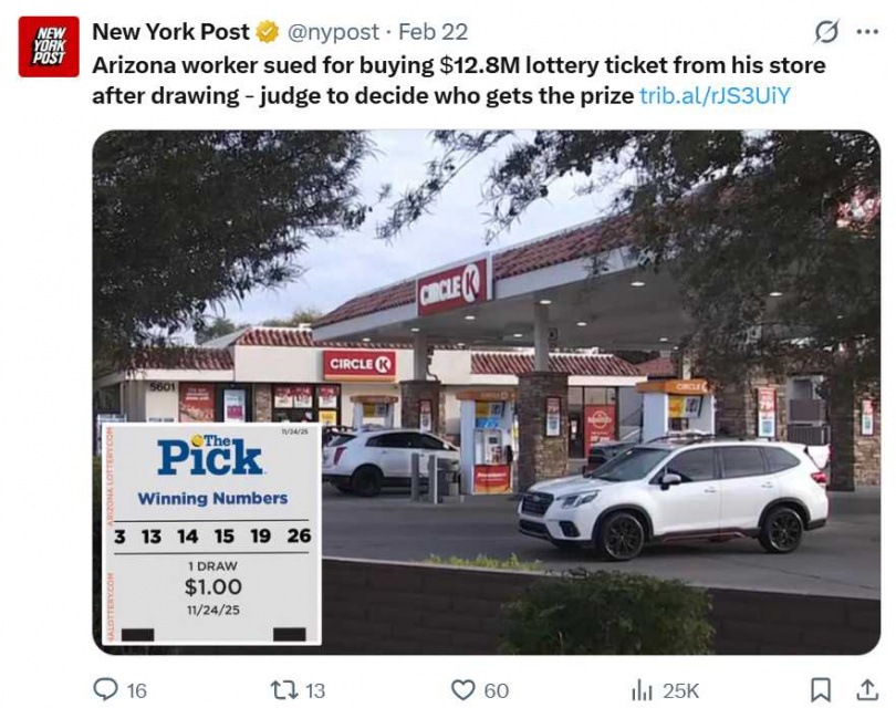 亞利桑那州彩券局表示，過去未曾出現零售商與員工對同一筆頭獎提出相互主張的案例。（圖／翻攝自X，@nypost）