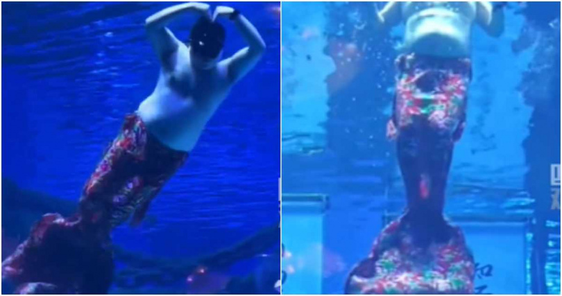大陸山東省濟南市的一間水族館近日推出「新男版美人魚」，大叔舞者的啤酒肚在水中抖動的逗趣畫面，瞬間成為目光焦點。（圖／擷取自微博）